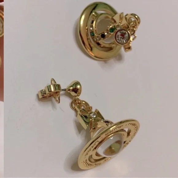 18k gold Plated crystal signature Saturn Orb drop earrings - Picture 6 of 8